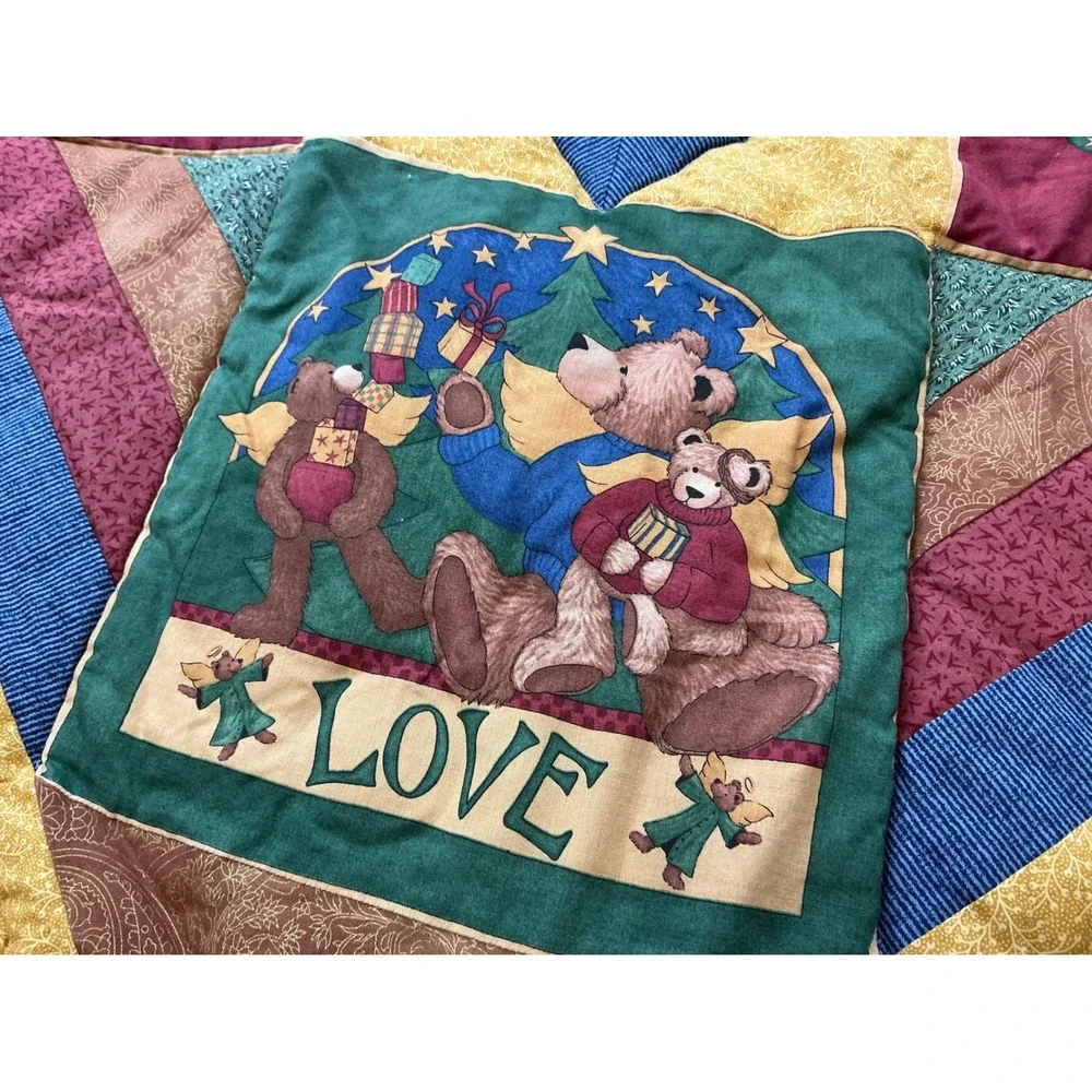 Vintage Christmas Teddy Bear Patchwork Quilt Throw Blanket Love Joy Peace 33x33
